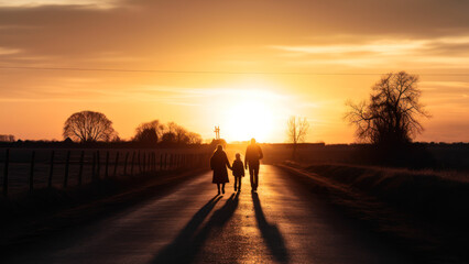Fototapeta na wymiar silhouettes of a family walking along a country road in the evening generative ai