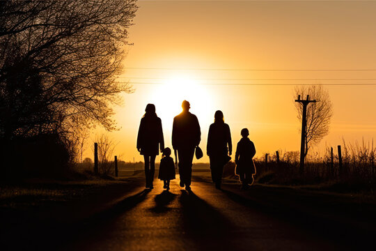 silhouettes of a family walking along a country road in the evening generative ai
