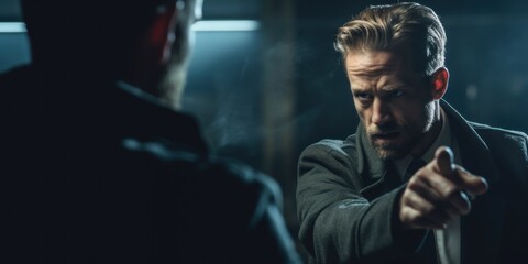 A man pointing a gun at another man. Generative AI image.