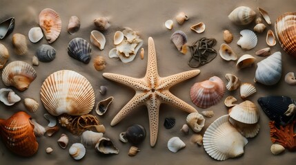 Fototapeta na wymiar overhead view of shells, starfish, crabs on the beach sand.