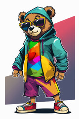 Cool teddy bear in tracksuit. Rapper, dancer, hipster.