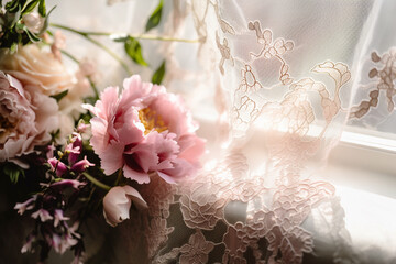 Peony flowers on elegant wedding dress veil with flower embroidery. Generative AI illustration