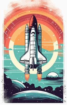 Space rocket launch. Retro style poster.