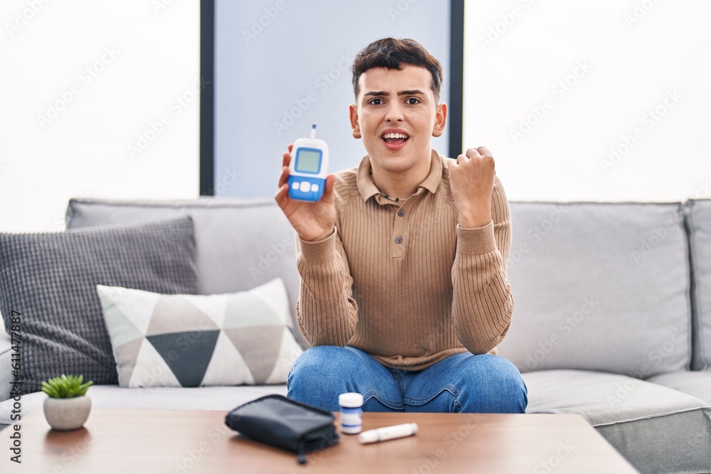 Sticker Non binary person using blood pressure monitor screaming proud, celebrating victory and success very excited with raised arms