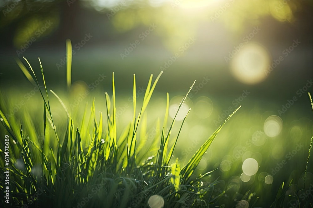Poster green grass in nature with a bokeh backdrop. generative ai