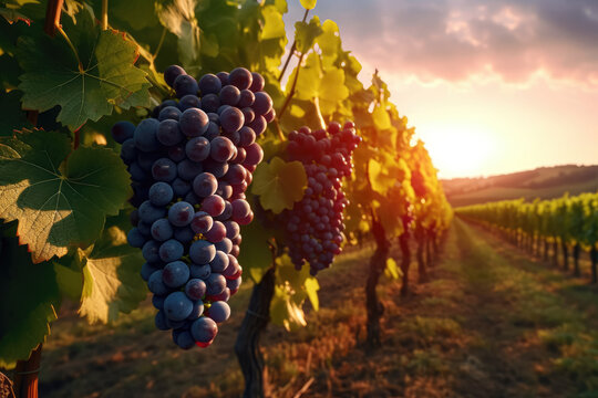 Beautiful grapes on a vine against the setting sun. The concept of viticulture and their processing, beautiful landscape. Generative Ai, Ai. © Sebastian