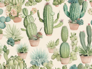 Illustration of various cacti, a pattern suitable as a complement to the background or as a background. Generative Ai, Ai.