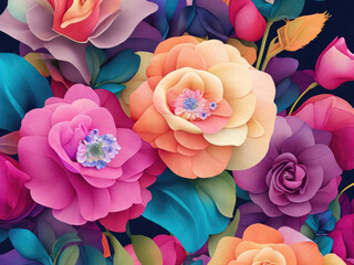 Fototapeta na wymiar Illustration of large multicolored flowers, a pattern suitable as a complement to the background or as a background. Generative Ai, Ai.