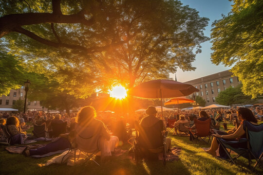summer rock festival, stage view with many spectators, created with Generative AI Technology
