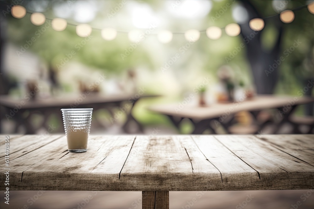 Poster an empty wooden table with a hazy party in the backdrop, having a fun / spring theme. generative ai