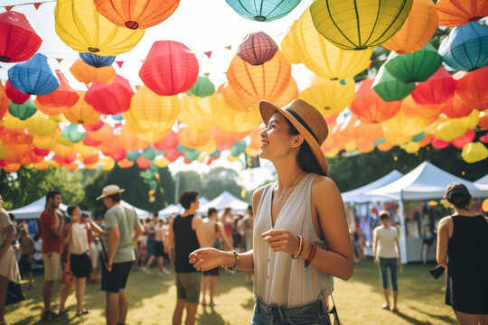 People on summer festival street with hanging balloons, created with Generative AI Technology
