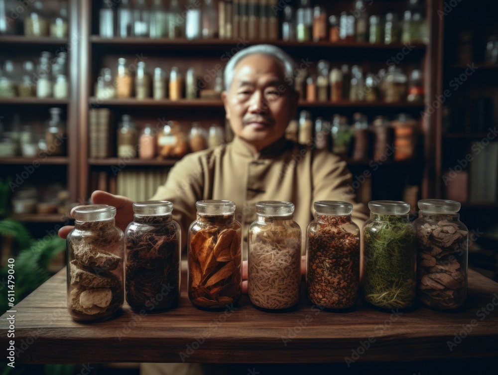 Poster a man sitting at a table with jars of food. generative ai image.
