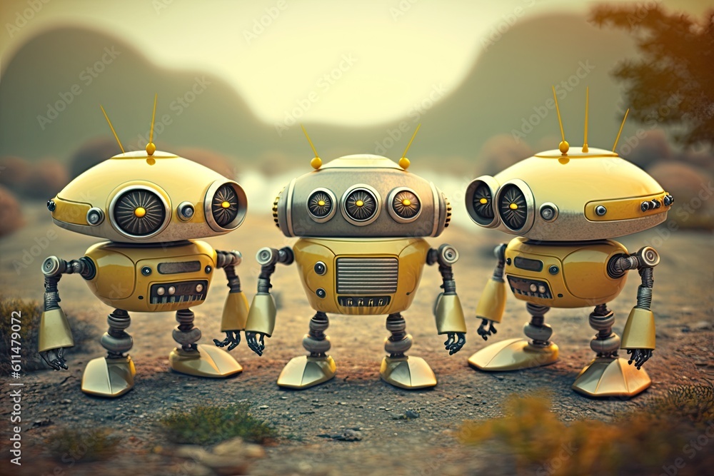 Poster three futuristic robots standing in a row. generative ai