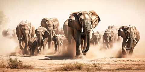 A vivid image of a herd of elephants running and kicking up dust - generative ai. - obrazy, fototapety, plakaty