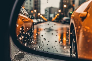 car rearview mirror with rain droplets on it. Generative AI - obrazy, fototapety, plakaty