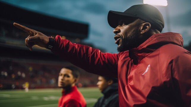 A man in a red jacket pointing at something. Generative AI image.