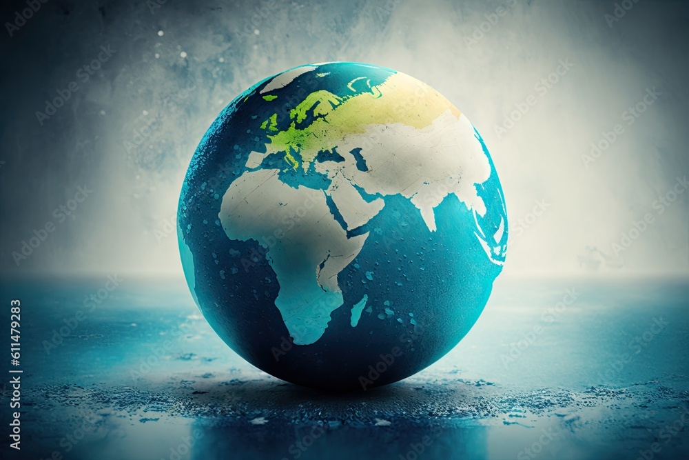 Poster world globe on a table with blue and yellow color scheme. generative ai