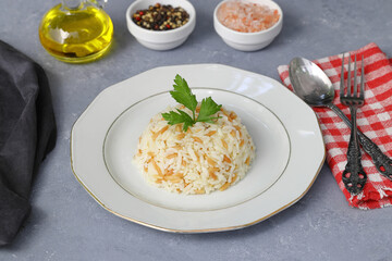 Traditional Turkish Rice Pilav.  Plain Pilaf Portion Served. Organic Food. Turkish style rice pilaf (Turkish name, sehriyeli pirinc pilavi)
