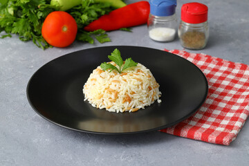 Traditional Turkish Rice Pilav.  Plain Pilaf Portion Served. Organic Food. Turkish style rice pilaf (Turkish name, sehriyeli pirinc pilavi)