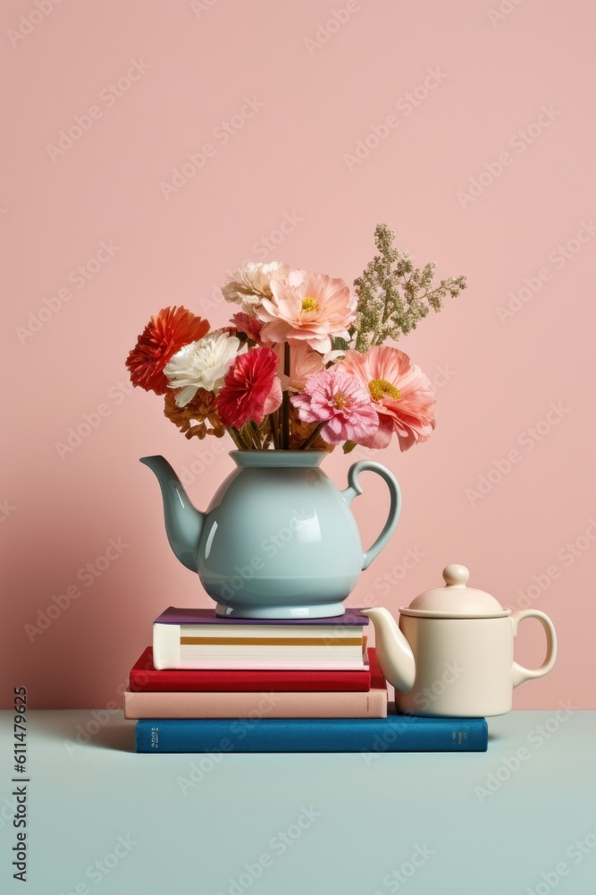 Poster a teapot with flowers on top of a stack of books. generative ai image.