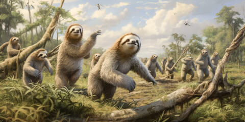 Obraz premium A Sloths run and kick up dust in a chaotic herd - generative ai.