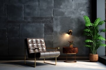 Style loft interior with leather armchair on dark cement wall. Generative AI