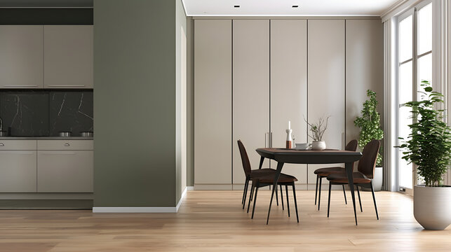 Blank sage green wall partition, white baseboard on parquet floor in luxury, modern kitchen with wooden dining table, chair, cabinet, cupboard, black refrigerator in sunlight from window curtain