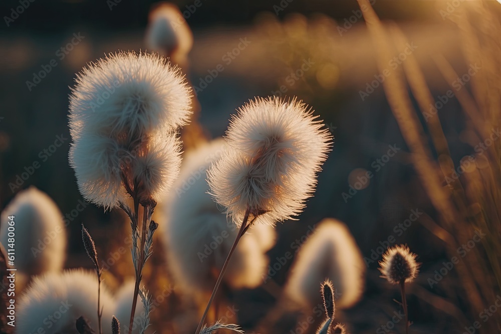 Poster close-up of blooming fluffy high wild grass in spring or summer in nature under rays of sunlight. ge