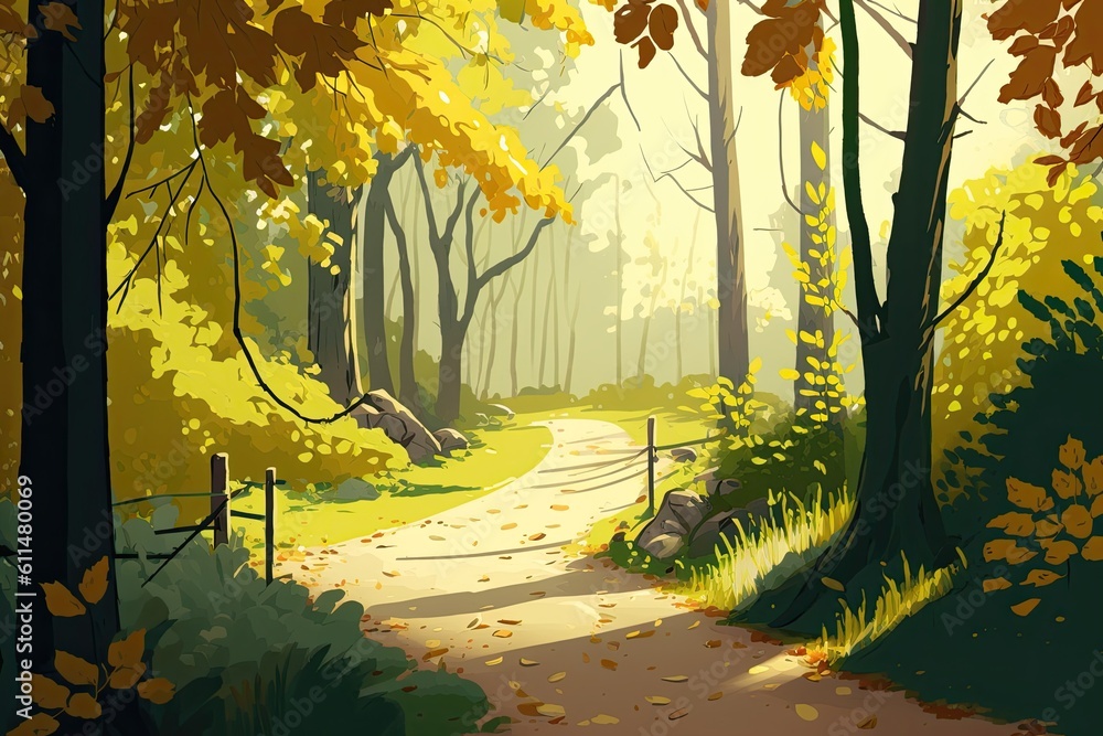 Poster serene forest pathway leading through towering trees. generative ai