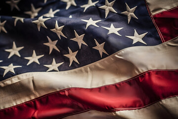 Closeup of United States of America flag, shallow depth of field. USA independence day. Generative AI technology.
