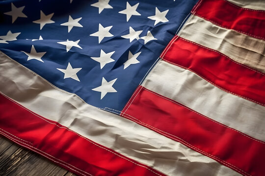 Closeup of United States of America flag, shallow depth of field. USA independence day. Generative AI technology.