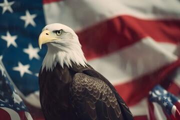 American eagle on the background of the flag of the United States of America. USA independence day. Generative AI technology.