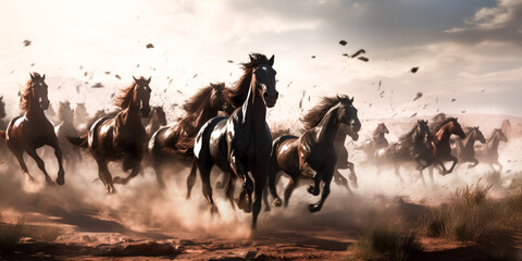 A herd of horses is running and kicking up dust - generative ai