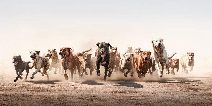 A herd of dogs run and kick up dust - generative ai