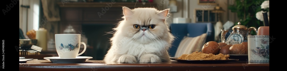 Poster a cat sitting on a table next to a plate of food. generative ai image.