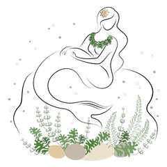 Mermaid silhouette. A beautiful girl sits on a stone in the water. Next to the leaves of the plant. Fantastic image of a fairy tale. vector illustration.