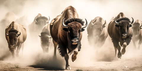 A herd of bison run across a field, kicking up a cloud of dust. - generative ai