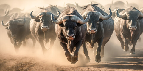 A Herd of buffalo run across the grassy plains, kicking up dust in their wake - generative ai.