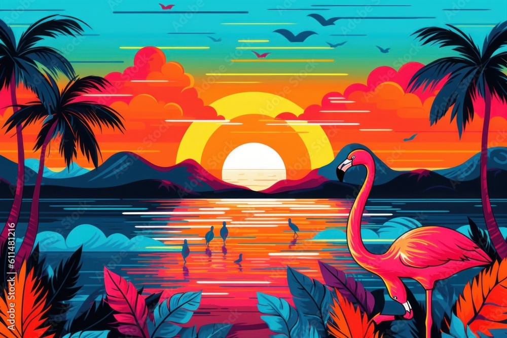 Poster a flamingo standing in front of a sunset. generative ai image.