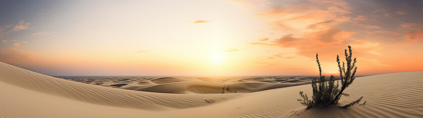 Obraz na płótnie Canvas Sunset on a sandy beach panoramic landscape view - Generative AI