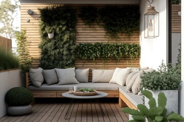 cozy outdoor patio with a comfortable couch, a wooden table, and green plants. Generative AI