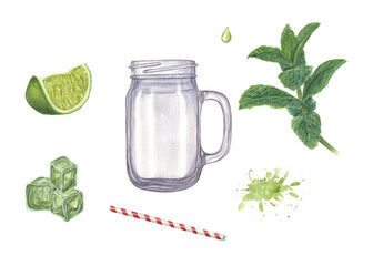 Set of watercolor ingredients for refreshing mojito isolated on transparent background. Food illustration of Lime slice, Mint, Ice cubes, drinking Straw, glass Jar, tonic Drops.