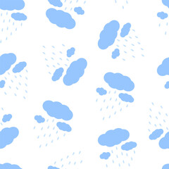 Fototapeta na wymiar Cloud with rain drops seamless pattern simple cartoon vector illustration for kids, nature repeat design for seasonal summer decor, card, invitation, poster, environmental concept