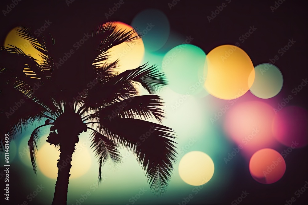 Poster copy space of a silhouetted palm tree in a tropical setting against an abstract bokeh background. th