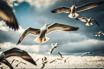 a flock of seagulls flying across the sky. Generative AI