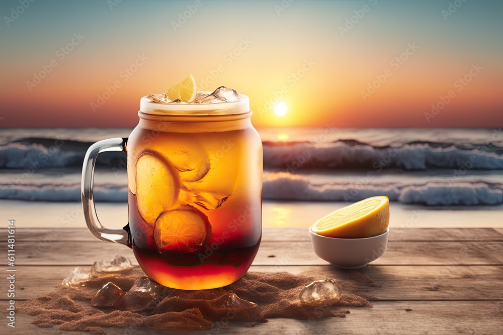 Poster a beachside summer sunset, an iced beverage, and space for your design on a desk with ice. generativ