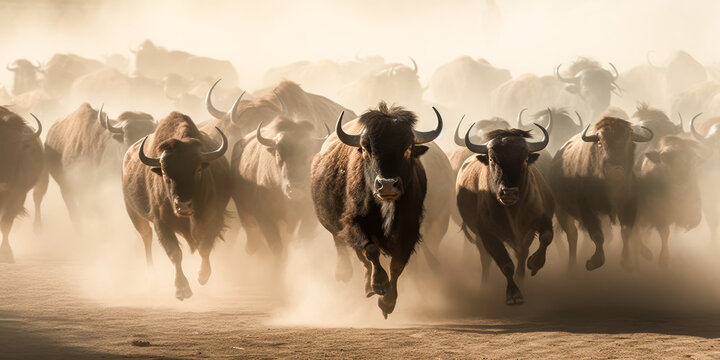 A Herd of buffalo gallops across the dusty landscape, stirring up a cloud of dust - generative ai.