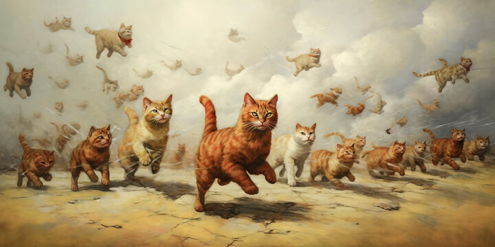 A group of cats sprints across a field, kicking up dust in their wake. - generative ai