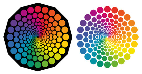 Set of small circles sunburst or star radiating from centre forming one larger round object, colourful vibrant pallette