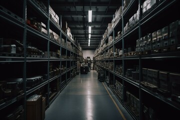 Fototapeta na wymiar A vast factory with stocked shelves. Generative AI